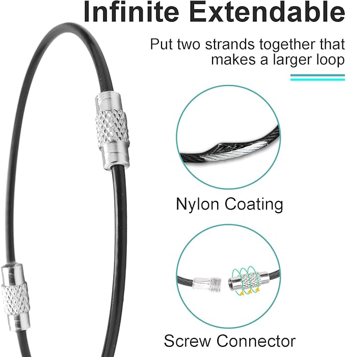 CooBigo 25 Pack Cable Key Ring 4 Inch Luggage Tag Loops Wire Key Chain Cable 2mm Key Rings for Car Keys Wire Keychain Dog Tag Ring - Black