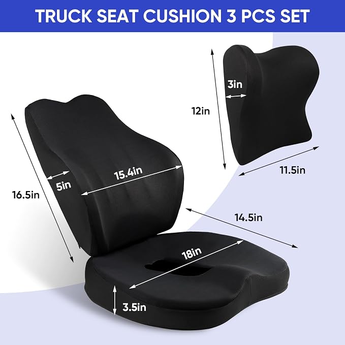 MINUPWELL Truck Seat Cushion, 3PC Non-Integrated 100% Memory Foam Seat Cushion for car with Lumbar Support Pillow, Semi Truck car Accessories, Car Cushion for Long Driving, Office Chair, Tailbone