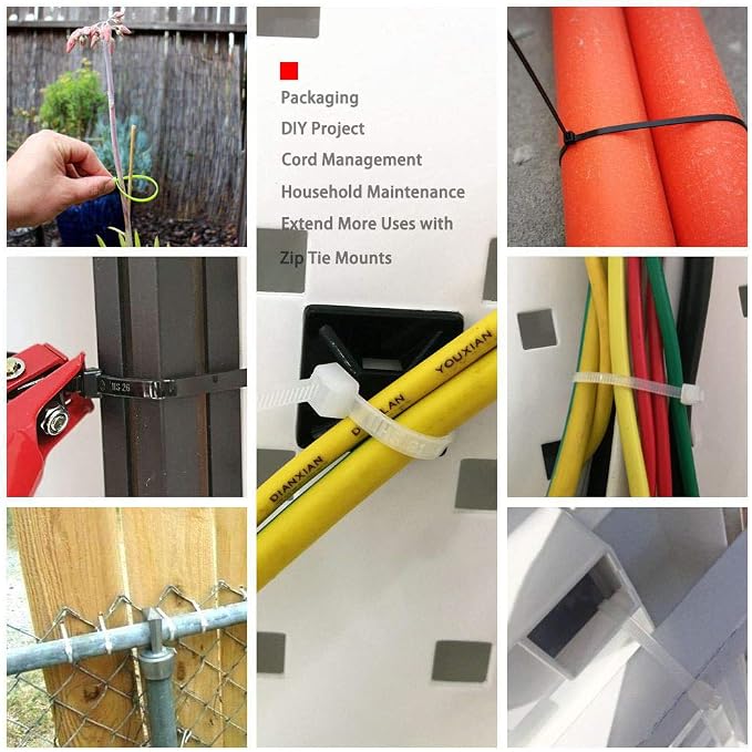 HS Strong Medium Zip Ties 8 Inch x 3/16" UV Rated Black 100 PCS Cable Zipties 50 Pounds Heavy Duty Self-Locking Strap Ties Automotive,Outdoor Fence Purpose