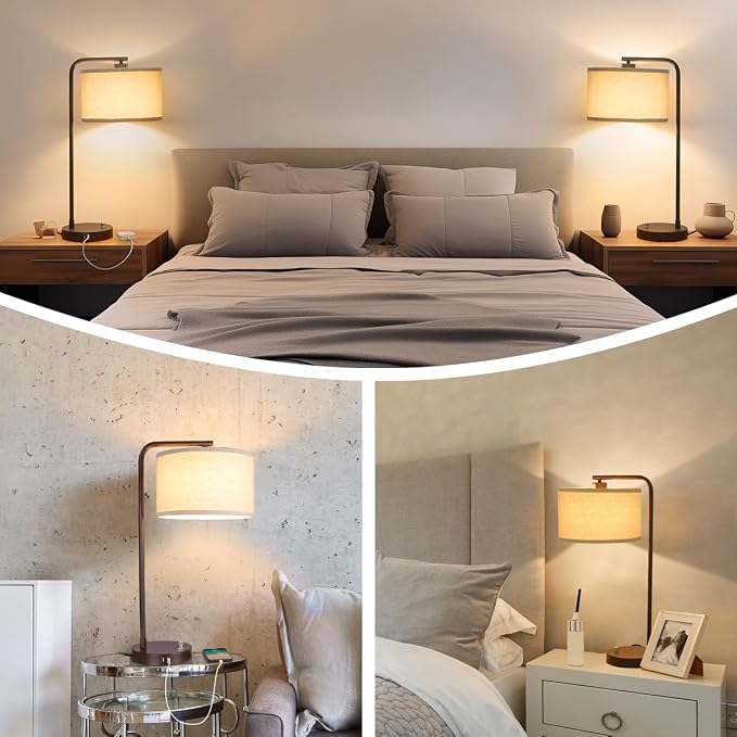 Tall Table Lamps Set of 2, Fully Dimmable Bedside Lamp with USB C+A Ports | 25" Modern Nightstand Lamps with Linen Fabric Shades, Reading Desk Lamp for Bedroom Living Room Office, LED Bulb Included