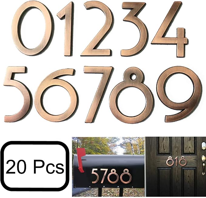 20 Pack Mailbox Numbers 0-9, 2.76 Inch High, Door Address Numbers Stickers for Apartment, House, Room, Office, Cars, Trucks, Bronze Plating Process Number Sign