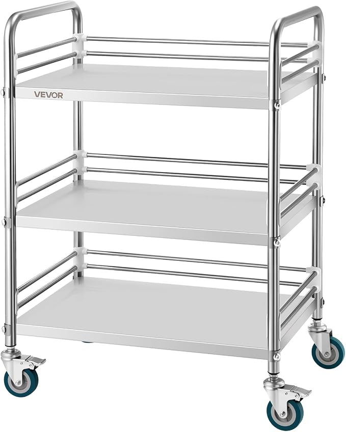 VEVOR Stainless Steel Rolling Cart, 3-Tier Metal Utility Cart with Lockable Wheels, Medical Serving Trolley Clinic Tray, Mobile Service Cart for Hospital, Lab, Restaurant, Kitchen, Salon