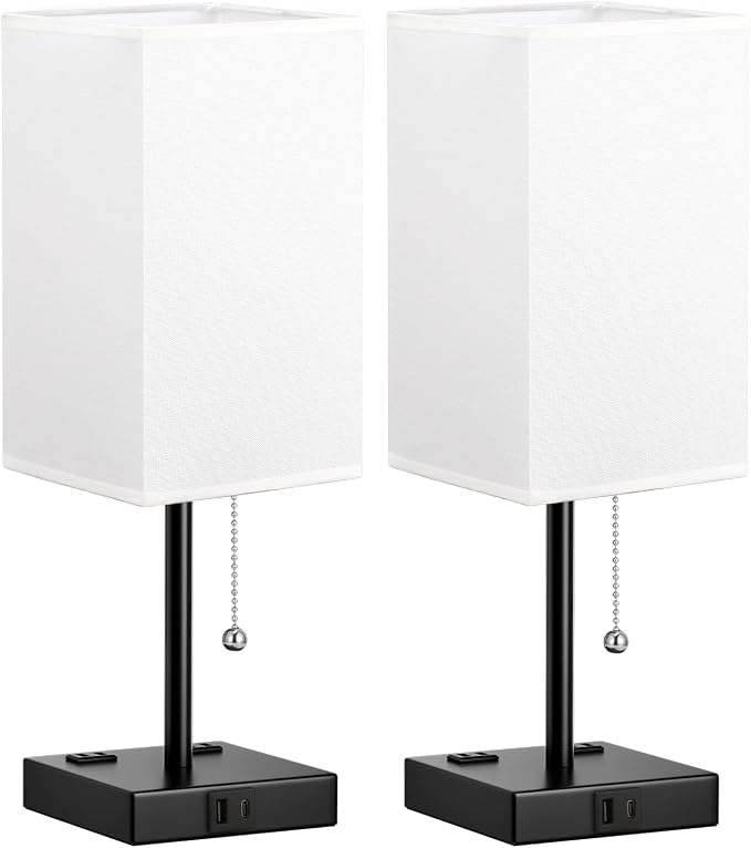 Bedside Lamp for Bedroom Set of 2 - Table Desk Lamp for Nightstand | USB A+C Ports, AC Outlet, 3 Color Temperatures, LED Bulb Included, Pull Chain, 14" Rectangular Desk Lamp for Office, 2-Pack