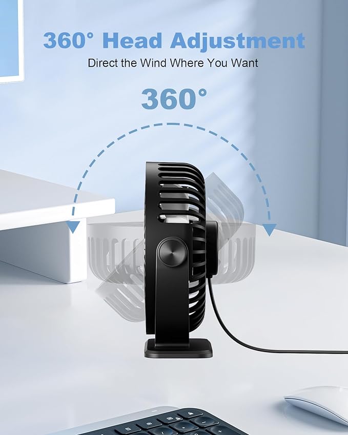 TriPole USB Desk Fan Small Portable, 360° Rotation Quiet Mini Personal Fan | Black, 3 Speeds Plug In USB Fan, Desk Fans Small Quiet, 4.9ft Cable, Strong Breeze for Desktop Bedroom Office Table Travel