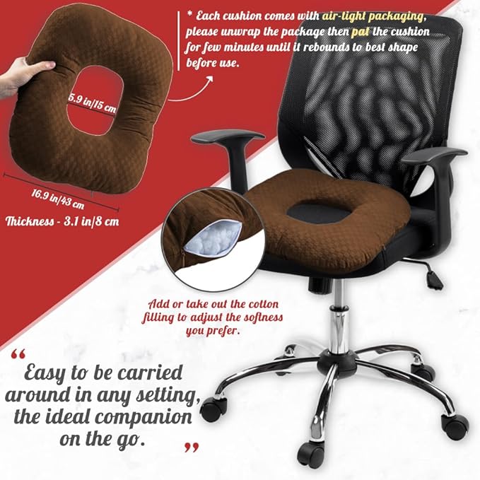 Stuffed Donut Pillow Seat Cushion | for Tailbone and Coccyx Pain, Hemorrhoids, Bed Sores, Pregnancy, Prostate, Surgery Recovery, Sitting Pressure Relief, for Home, Office and Car (Brown)