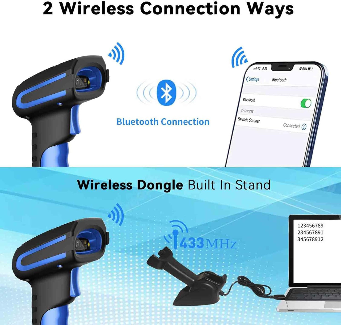 Alacrity Upgraded 2D Industrial Barcode Scanner with Wireless Charging Stand, 1968 Feet Transmission Distance 433Mhz Wireless & Bluetooth 2in1 Barcode Reader, Shock Dust Proof Hands Free, Blue