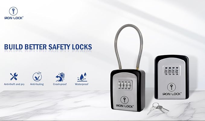 Iron Lock® Key Lock Box with Code, Portable Cable Shackle (Small, Grey) | Holds 2-3 house keys or an access card; 11-in steel cable loops on gate or rail; weather-resistant; no app or battery