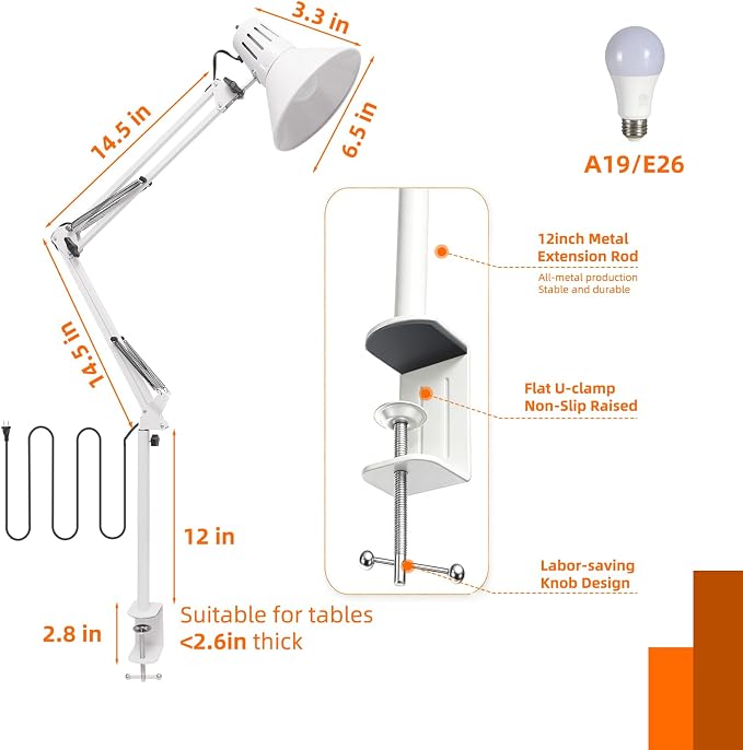 White Desk Lamp with Clamp, Extra-Tall Adjustable Metal Swing Arm, 3000K | Manicurist Table Lamp for Nail Work, Drafting, Sewing, Crafting, College Dorm and Home Office, A19 Bulb Included