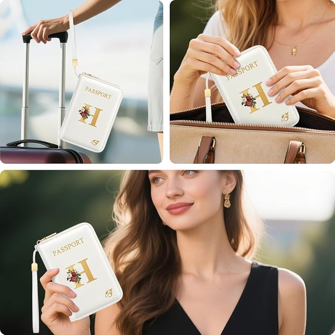 Passport Holder for Travel Personalized Wallet with Wristlet Women | All-in-One Passport Cover, RFID Blocking, Back Coin Pocket, Paper Money Slot, Zipper Closure, Roses Initial Letter, White H