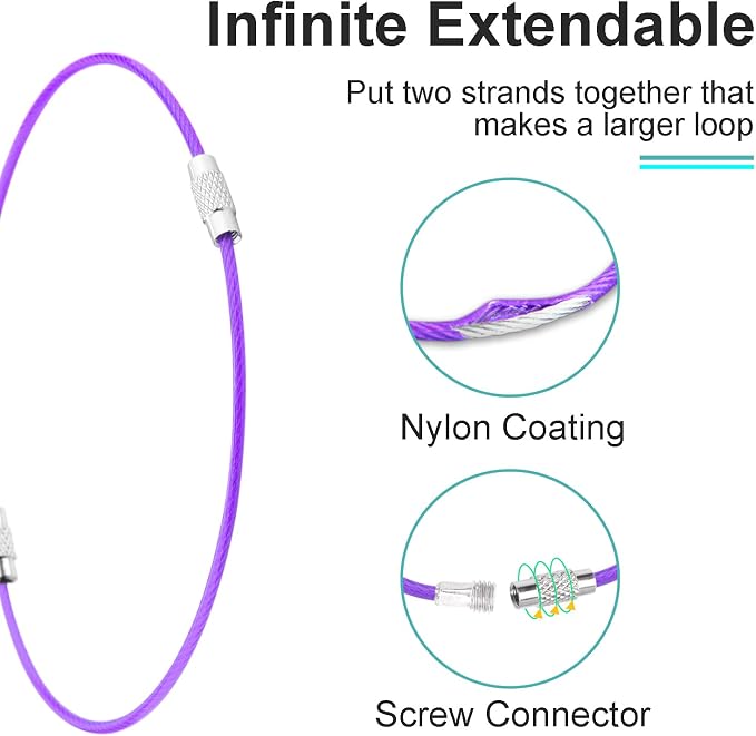CooBigo 12 Pack Stainless Steel Loops 2mm Coated Wire Keychain Cable Large Key Rings 6 inch Key Chain for Women, Luggage Tags, Key Tags, Keyrings, Kitchen Utensils, Duster - Purple