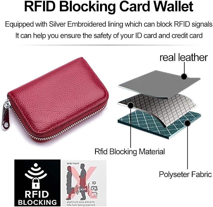 RFID Credit Card Holder Genuine Leather Credit Card Wallet with Zipper | RFID