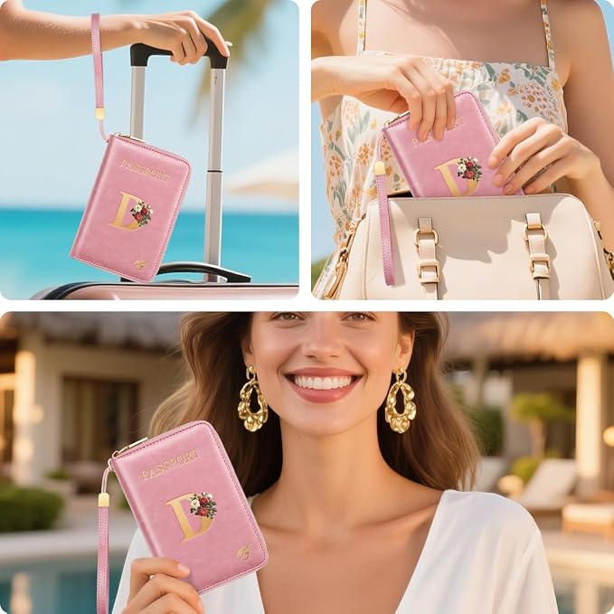 Passport Holder for Travel Personalized Wallet with Wristlet Women | All-in-One Passport Cover, RFID Blocking, Back Coin Pocket, Paper Money Slot, Zipper Closure, Roses Initial Letter, Pink D