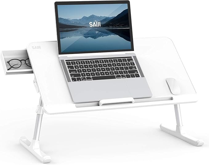 SAIJI Laptop Bed Tray Table, Adjustable PVC Leather Laptop Bed Table, Portable Standing Desk with Storage Drawer, Foldable Lap Tablet Table for Sofa Couch Floor (Large,White) | Fits 17" Laptop, Work From Home & Dorm Study, with Storage Drawer & PVC Lea...
