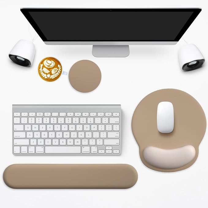 3 in 1 Ergonomic Mouse Pad and Keyboard Wrist Rest with Coaster Set-Brown | Cute Large Mousepad with Gel Wrist Support for Gaming Computer Laptop Women Office Home Desk Decor
