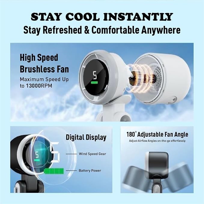 Portable Handheld Turbo Fan 3-in-1, Battery Operated with 5-Speed, 20H Runtime, Air Turbo Tech Cooling for Outdoor, Travel, Office, Rechargeable Personal Fans (Black)