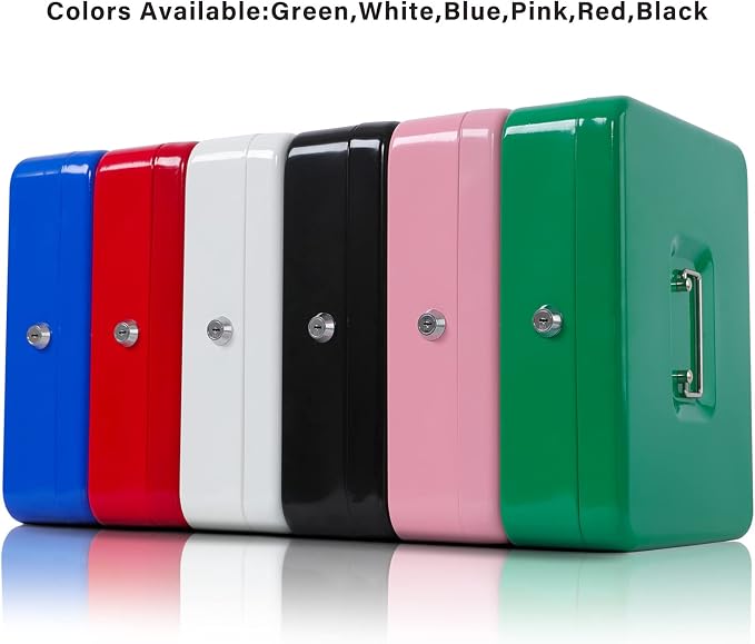 xydled Metal Cash Box, Cash Box with Money Tray and Key Lock, Storage Box, Blue,4 Bill / 5 Coin Slots,11.8" x 9.5" x 3.5",Blue