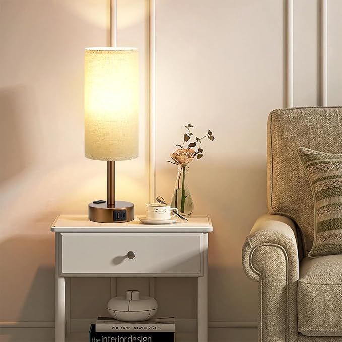 Brown Bedside Table Lamp for Bedroom - 3 Way Dimmable Touch Lamp USB C Charging Ports and AC Outlet, Small Lamp Round Flaxen Fabric Shade for Living Room, Desk, LED Bulb Included