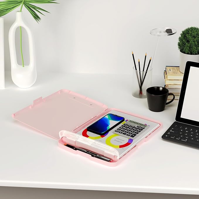 Piasoenc Clipboard with Storage, 8.5 x 11 Clip Board with Pen Holder, Pink | High Capacity, Heavy Duty Plastic Organization Box for A4 Legal Paper Folder, Folio & Side-Opening Nurses, Teachers, Student