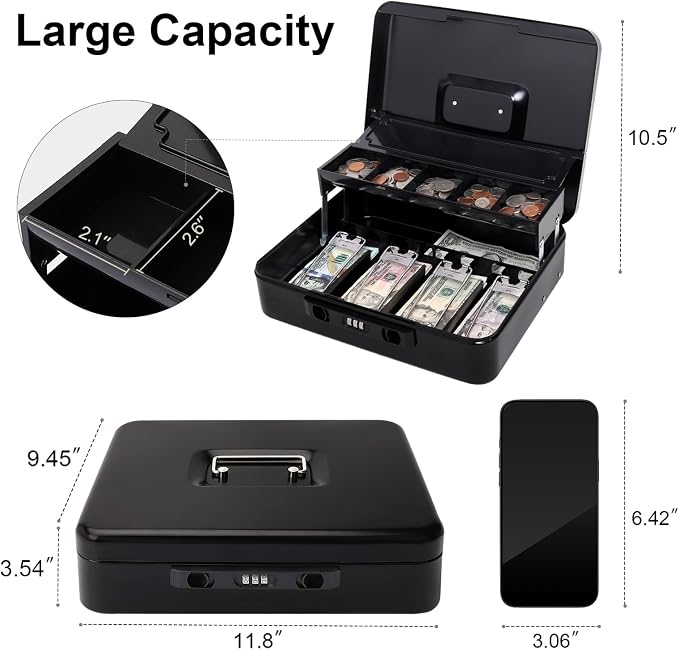 Jssmst Cash Box with Sliding Coin Lid and Snap Latch Combination Lock - Portable Cash Box with Money Tray and Lock, Secure Locking Money Box for Cash Organizer, 11.8L x 9.5W x 3.5H Inches, Black