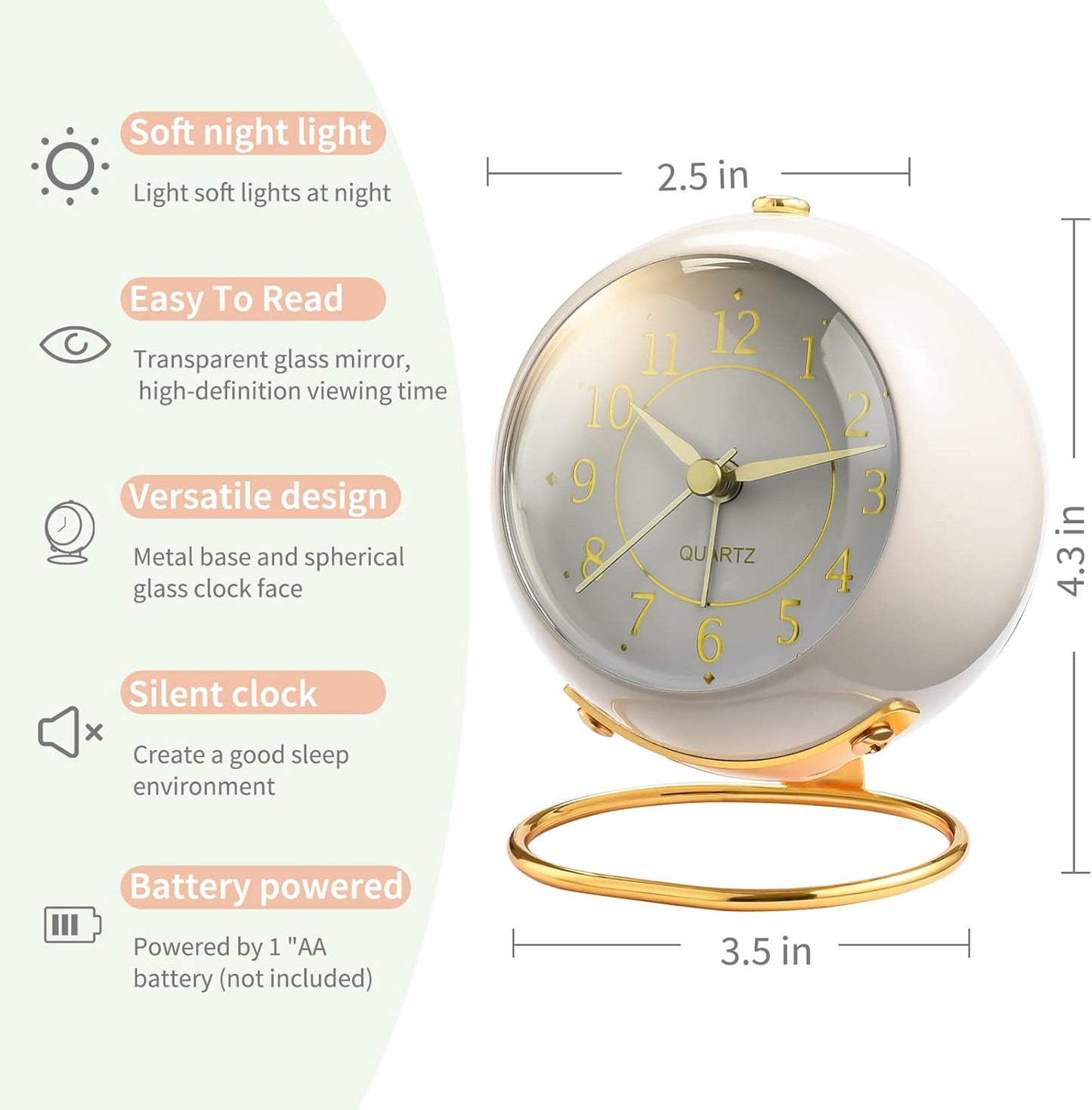 Analog Alarm Clocks,Retro Backlight Cute Simple Design Small Desk Clock with Night Light,Silent Non-Ticking,Battery Powered,for Decor,Bedrooms,Travel,Kitchen,Bedside Desktop.(White)