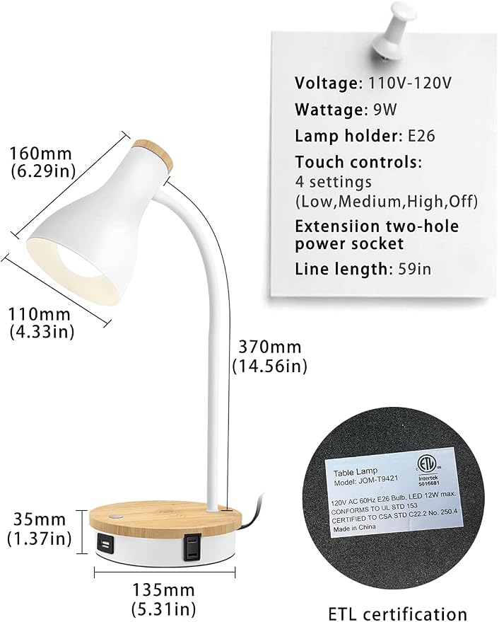 LALISU Metal Desk Lamp Wireless Charging Table Lamp Touch Reading Lights Arc Desk Lamps for Bedroom, 3 Way Dimmable Bedside Lamp with USB Charging Ports Lamp for Study Room and Office (White)
