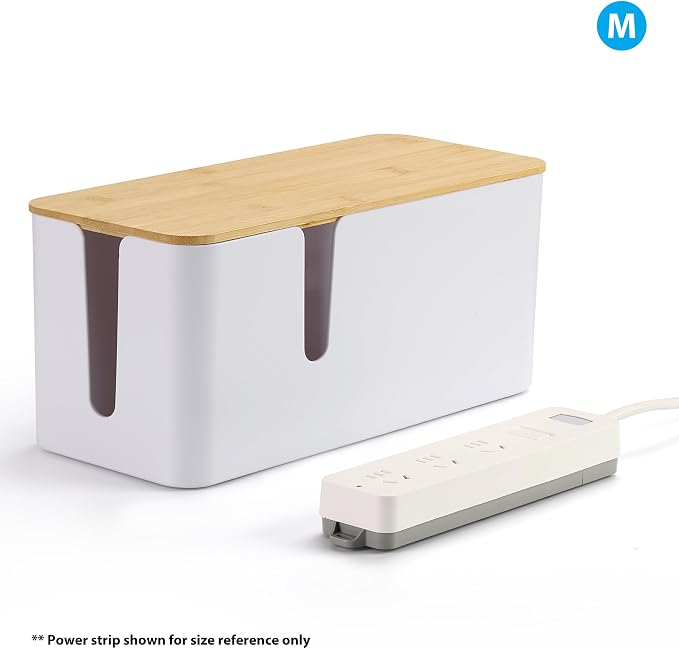 ZhiYo 2 Pack Cable Management Box, Large & XL, Power Strip Organizer, Black | Extra-Tall Design for Oversized Adapters, Fits Power Strips Up to 13.4" Long, Natural Bamboo Lid, Ideal for Desks, TV Areas