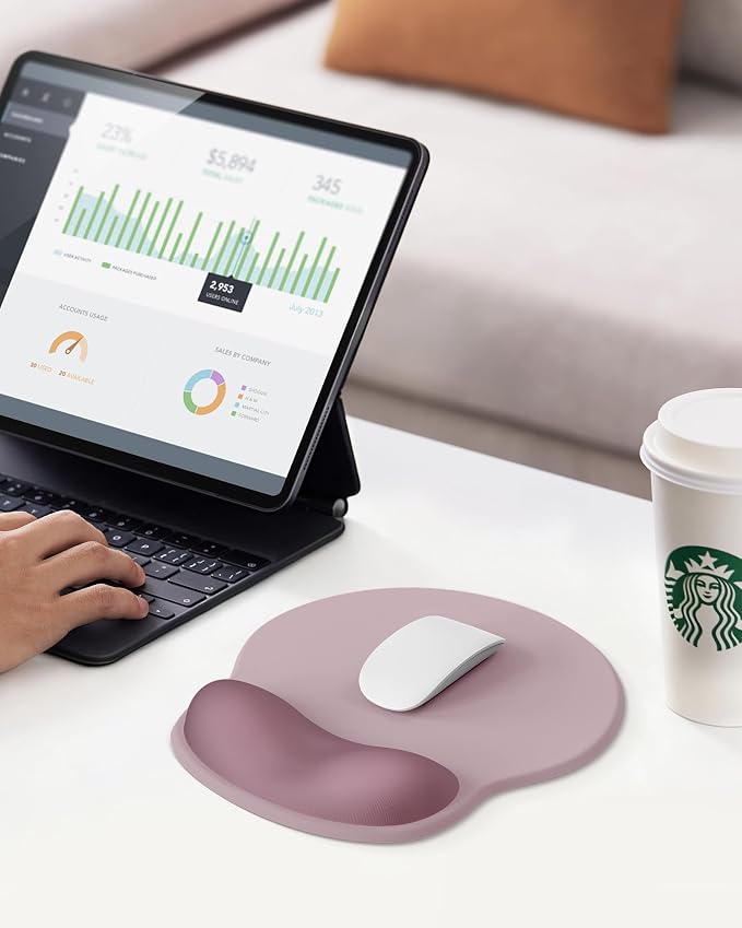 Mouse Pad with Wrist Rest for Desktop Large Ergonomic Mouse Mat(Rose Pink) | 10.6''L x 9''W Size, Gel Wrist Support, Non-slip Base, Washable Surface, Laptop Mousepad