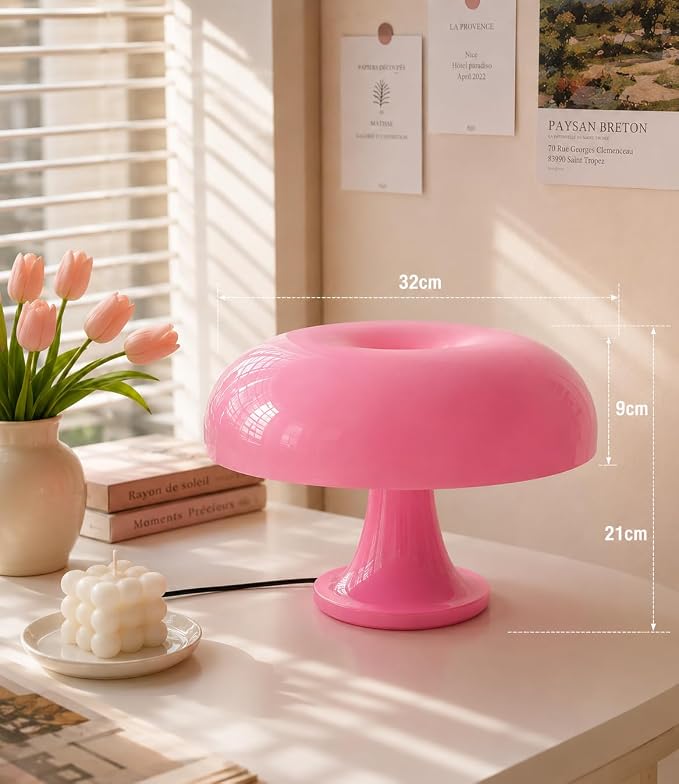 Pink Mushroom Lamp, Mid Century Modern Table Lamp for Bedroom, Minimalist Mushroom Decor Bedside Small Lamps, 2700K(Bulb Included, Plug Powered)