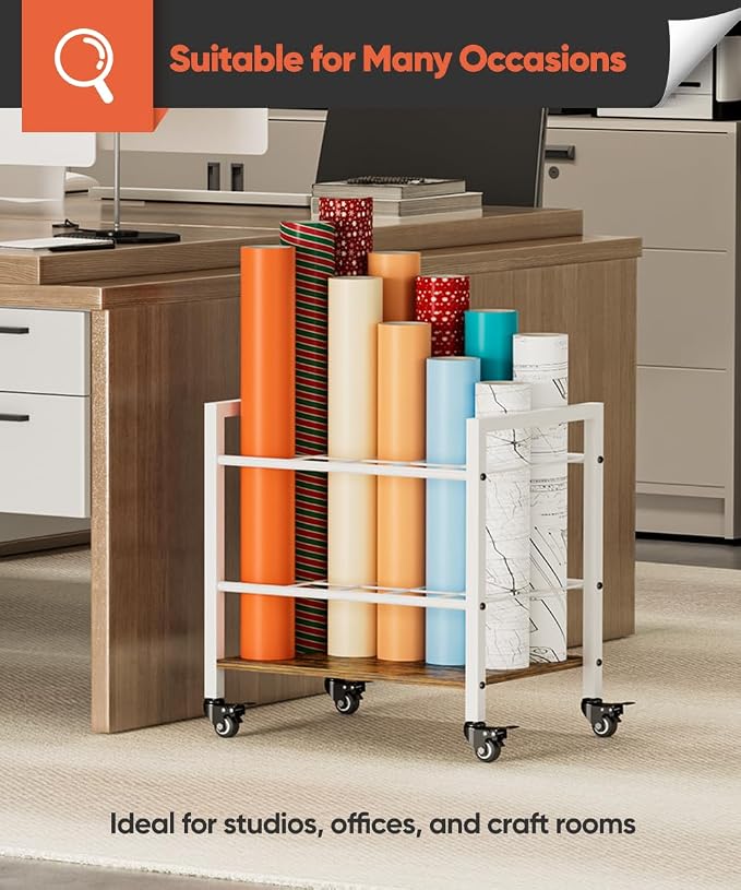 Blueprint Storage Rack Cart, 15 Slots Metal Rolling File Holder with Wheels & Adjustable Pads, Mobile Gift Wrapping Paper Organizer for Maps/Posters/Architectural Construction Plans, White
