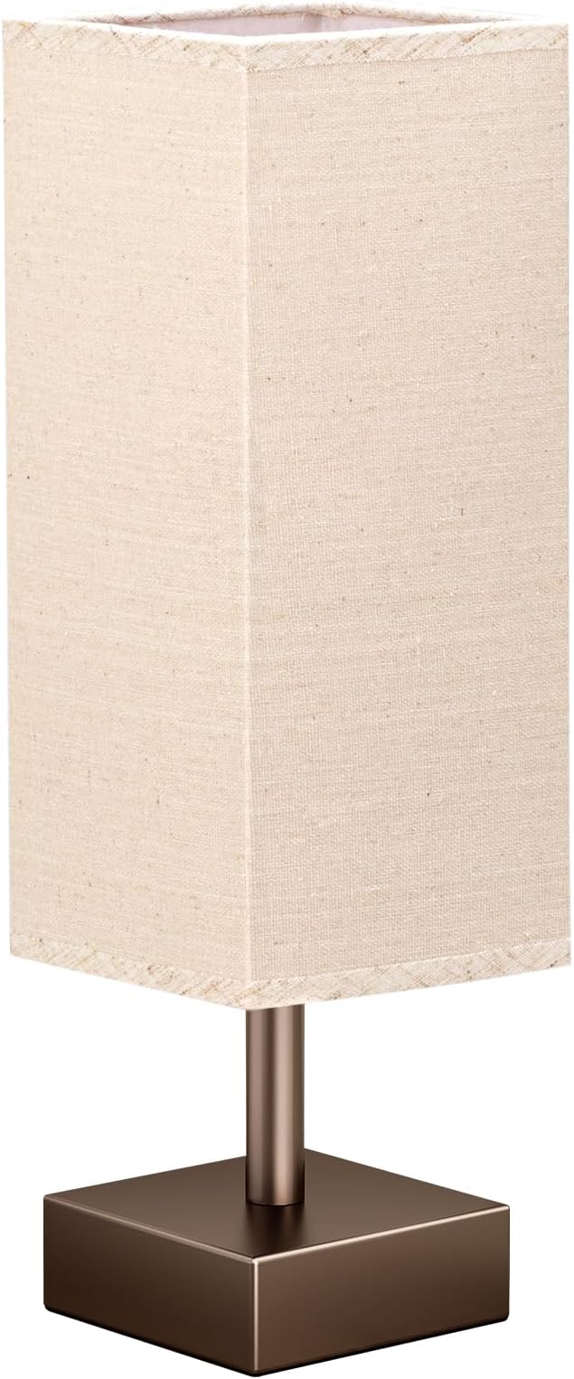 aooshine Browm Small Bedside Lamp for Bedroom - Square Beige Fabric Shade | Inline Rocker Switch, Corded Electric, Bulb Not Included, 12.8" Mini Table Lamp for Nightstand, Desk, Dorm, Office