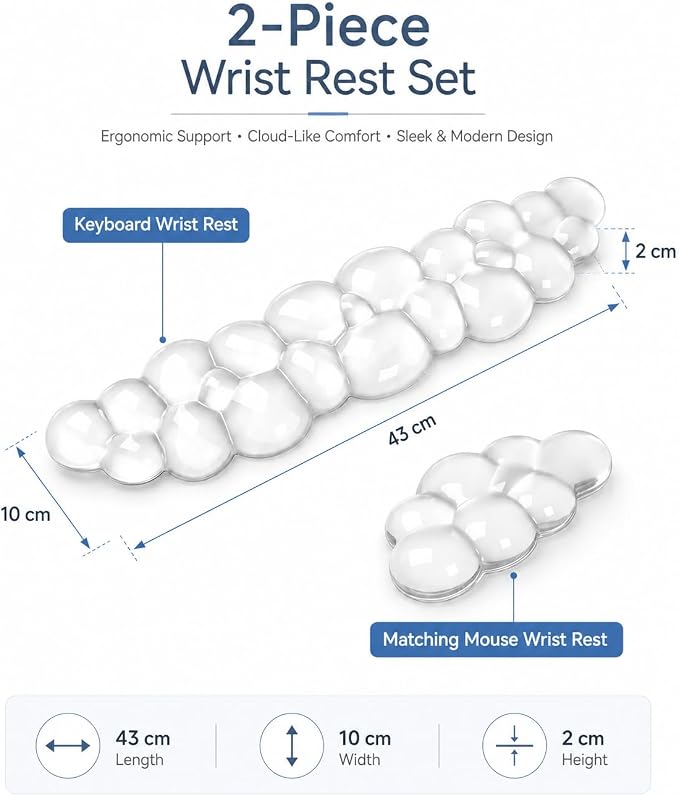 Ergonomic Gel Keyboard Wrist Rest Set, Soft Gel Palm Rest for Keyboard and Mouse, Clear Wrist Support Pad for Typing and Gaming Pain Relief, Non-Slip Base for Computer Laptop (Cloud)