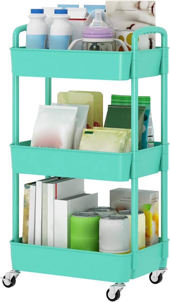 Sywhitta 3-Tier Plastic Rolling Utility Cart with Handle, Multi-Functional Storage Trolley for Office, Living Room, Kitchen, Movable Storage Organizer with Wheels, Green | Multi-Functional Storage Trolley, for Office, Living Room, Kitchen, Bathroom,Mov...