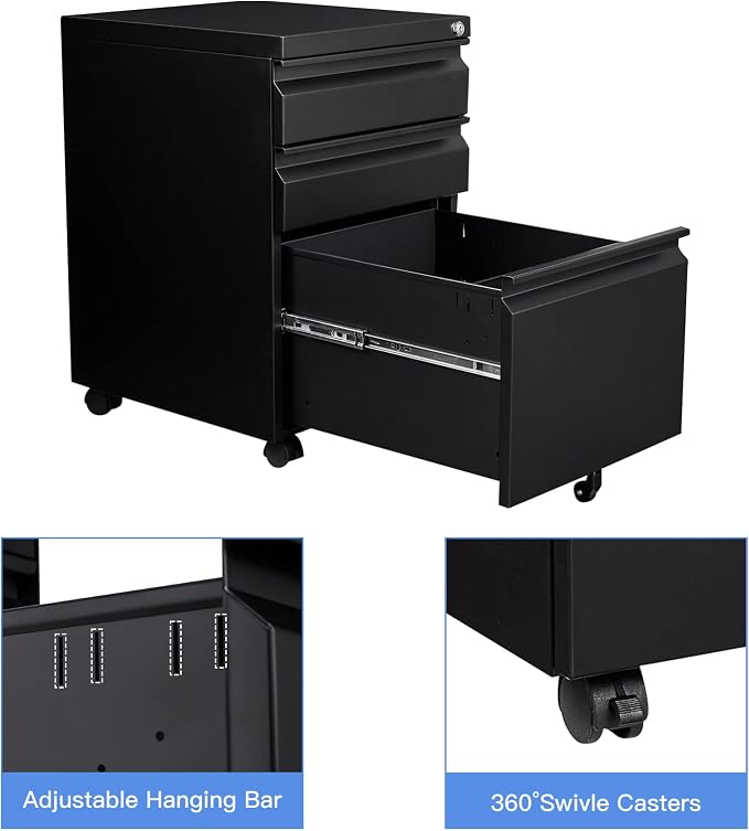 3 Drawer Mobile File Cabinet with Lock, Black Under Desk Rolling Filing Cabinet, Metal Locking File Cabinet on Wheels for Legal/Letter/A4 File (Required Assemble)