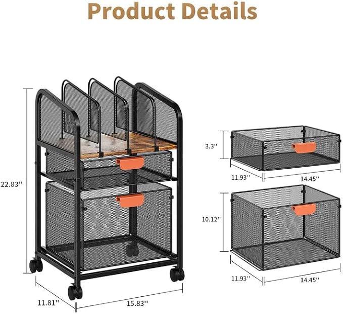 Marbrasse Rolling File Cart with Adjustable Dividers, Mobile File Cabinet on Lockable Wheels, Office Filing Cabinet Organizer, Hanging File Folder Organizer for Home Office - Dark Brown
