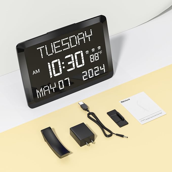 11.5โ Extra Large Digital Wall Clock with Date and Day of Week , Electric Desk Clock for Seniors, Large Display Alarm Clock for Bedroom with Battery Backup, 5 Dimmer, 2 USB Ports, Indoor Temp, 12/24H