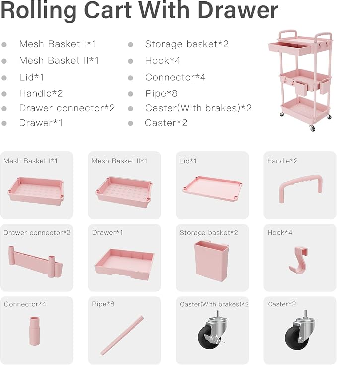 REBECAT 3 Tier Rolling Utility Cart with Drawer,Storage Cart,Rolling Cart for Kitchen,Bathroom,Living Room,Storage Organizer with Iron Wheels(Pink