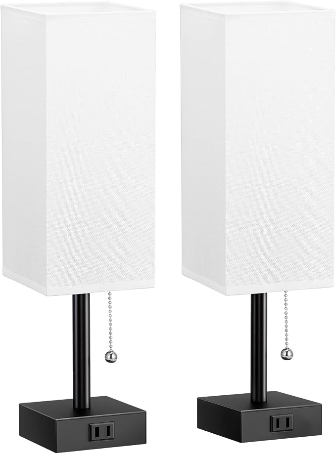 White Bedside Lamps for Bedroom Set of 2 - Small Rectangular Nightstand Lamp with AC Outlet Charging Port, 3 Color Temperatures Desk Light with Bulb, Tabletop Reading Lamp for Living Room/Dorm/Office | AC Outlet, 3 Color Temperatures, LED Bulb Included...