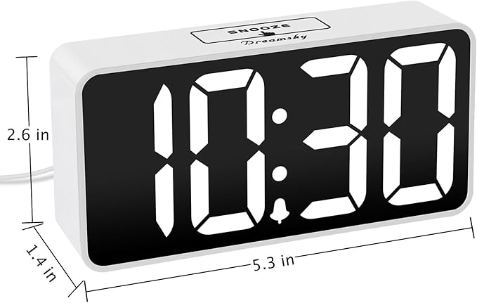 DreamSky Small Digital Alarm Clock for Bedroom with Large Big Numbers | Electric Bedside Desk Clock with USB Charging Port, Brightness Dimmer, Adjustable Alarm Volume, USB-C Adapter Powered