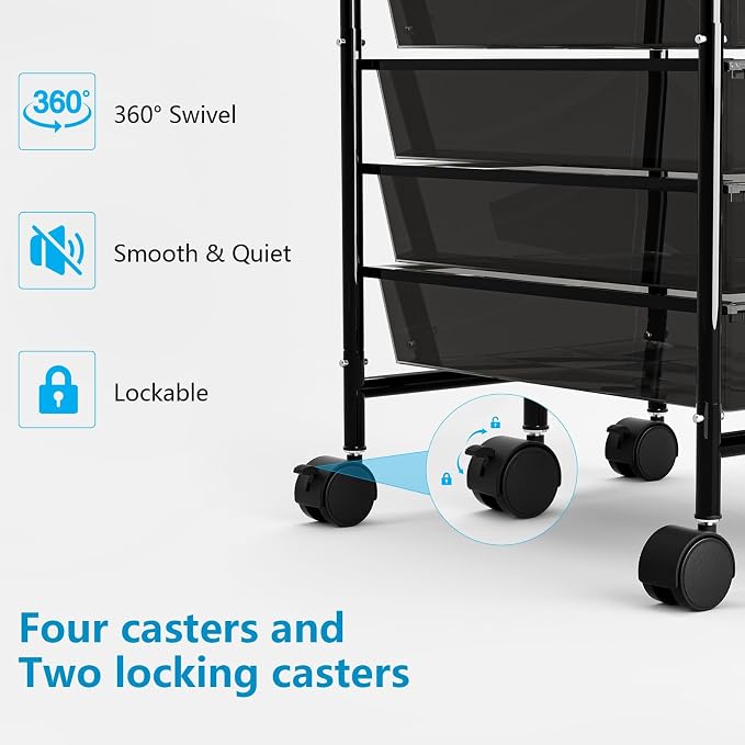 Rolling Storage Cart with Drawers 6-Tier Office Transparent Black | Utility Cart with 6 Drawers & 2 Lockable Caster Wheels, Multipurpose Mobile Drawer Cart for School Bathroom Kitchen