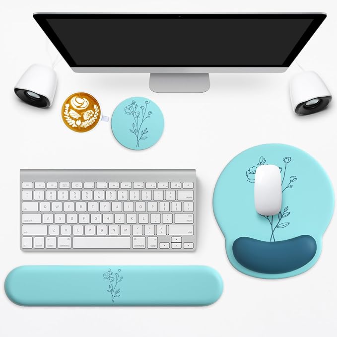 3 in 1 Ergonomic Mouse Pad and Keyboard Wrist Rest with Coaster Set-Blue | Cute Large Mousepad with Gel Wrist Support for Gaming Computer Laptop Women Office Home Desk Decor