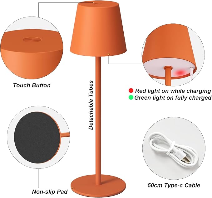 Kakanuo Cordless Table Lamp Rechargeable Orange - KK 2 Pack 5000mAH Battery Operated Lamp for Counter, 3 Color Stepless Dimming Wireless Lamp for Dining Kitchen, Outdoor Patio, Touch Control