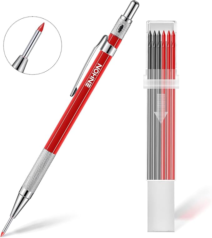 Enhon 2mm Carpenter Pencil Set with 12 Refills and Sharpener, Red | Woodworking Marking Tool Solid Deep Hole Construction Mechanical Pencil, Extended Needle-Nose Tip for Use in Jobs