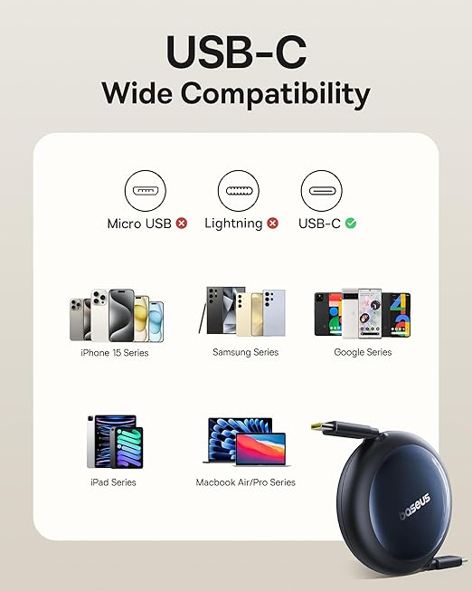 Baseus Retractable USB C Cable, 100W 4.9ft USBC to USBC Fast Charging Cable, 6-Stage Length Preset Retractable Type C Charger Cord for iPhone 16 15 Pro Plus Pro Max, MacBook, iPad, Galaxy S24/S23