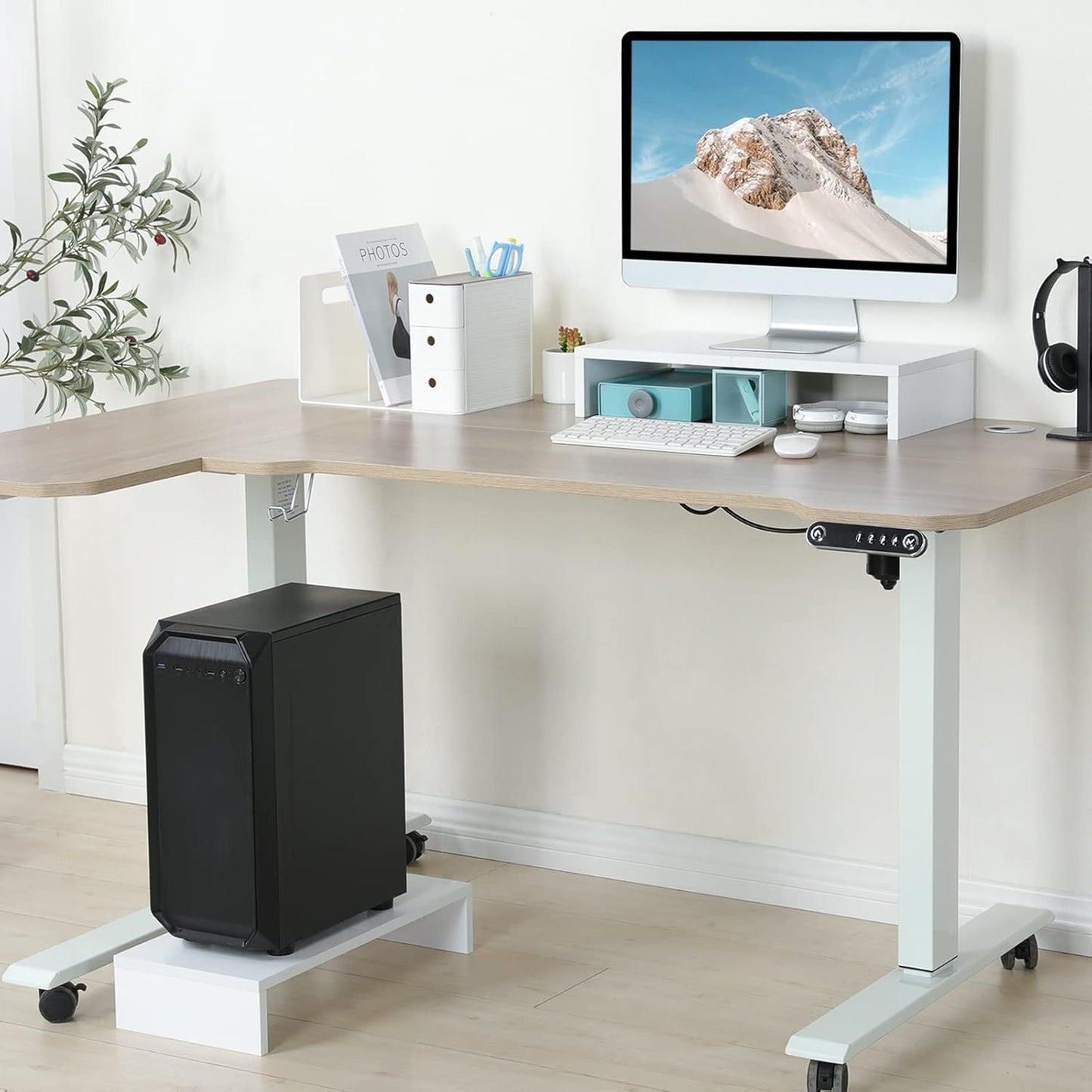 TEAMIX 2 Pack White Monitor Stand Riser - 20 inch, Wooden Desktop Stand for PC/TV/Laptop/Printer, Monitor Riser with Storage, Computer Stand with Keyboard Organizer