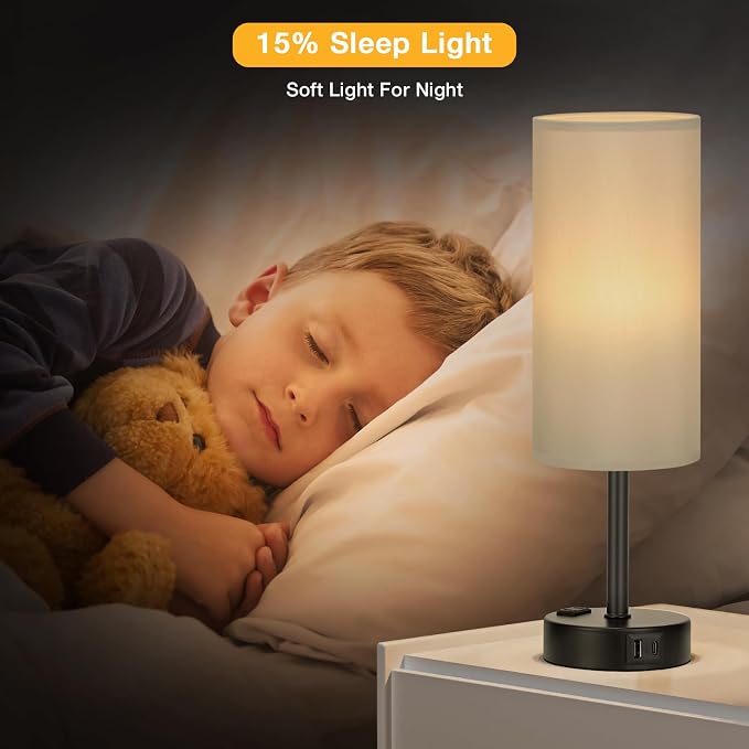 PartageiZ Grey Touch Table Lamps Set of 2-3 Way Dimmable Bedroom Lamps for Bedside with USB C and A Ports, Small Nightstand Lamps with AC Outlet, Desk Lamps with Black Base for Office Boys | 3-Way Dimmable, LED Bulb Included, Grey Fabric Lampshade, Mat...