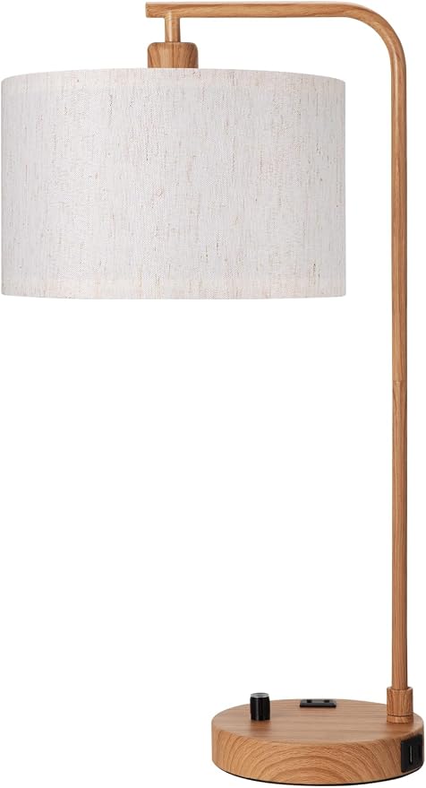 Innqoo Wood Table Lamp for Bedroom with USB Port and Outlet, Dimmable Nightstand Bedside Lamps with Linen Lampshade, Desk Lamp for Home Office, Living Room, Guest Room, LED Bulb Included
