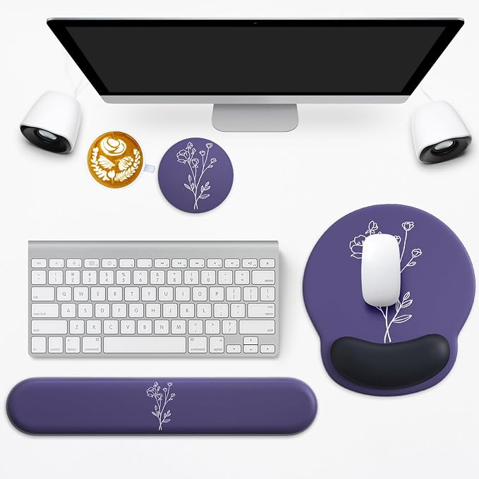 3 in 1 Ergonomic Mouse Pad and Keyboard Wrist Rest with Coaster Set-Purple | Cute Large Mousepad with Gel Wrist Support for Gaming Computer Laptop Women Office Home Desk Decor