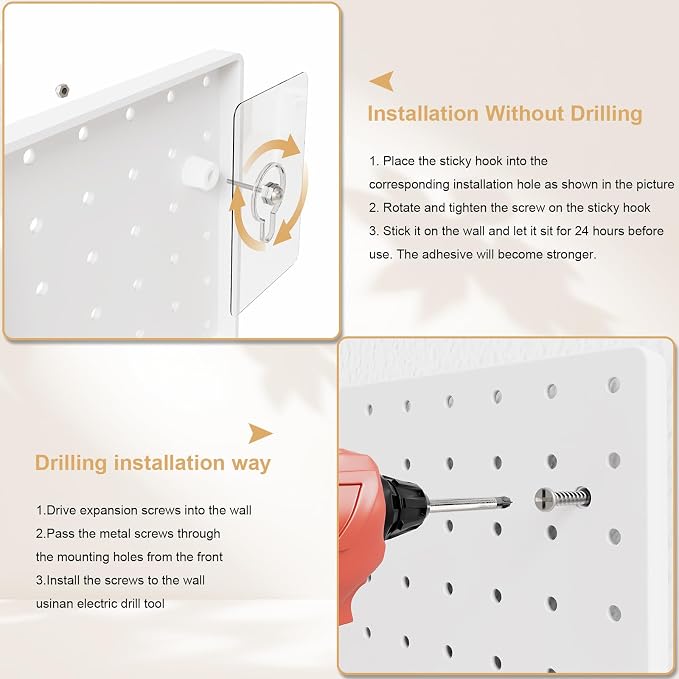 FZK Plastic Pegboard Wall Organizer Kit, 12x12, 4 Pack, White | Durable ABS material, compatible with 1/4"and 1/8" pegboad accessories, includes adhesive or drill installation accessories