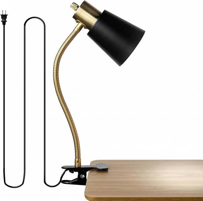 Desk lamp Eye-Caring Table Lamps, 360°Rotation Gooseneck Clip on Lamp Reading Light, Portable Reading Book Light, Clamp Light, Study Desk Lamps for Bedroom and Office Home Lighting (Black and Gold)