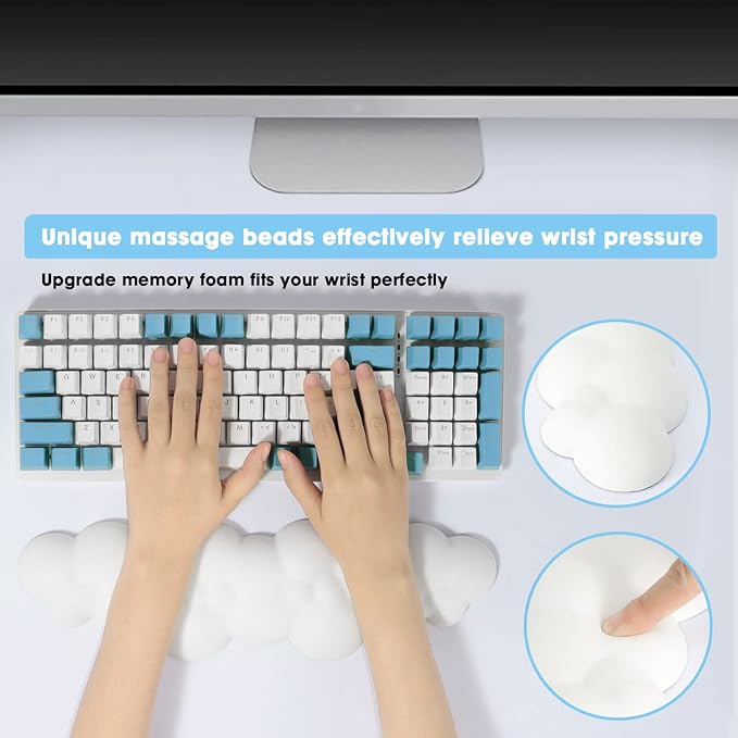 ATTACK SHARK Cloud Mouse Pad Wrist Support and Keyboard Wrist Rest,Ergonomic Design for Typing Pain Relief,Memory Foam Wrist Rest Leather Cup Coaster for Desk,Office,Computer Laptop,Mac(White)